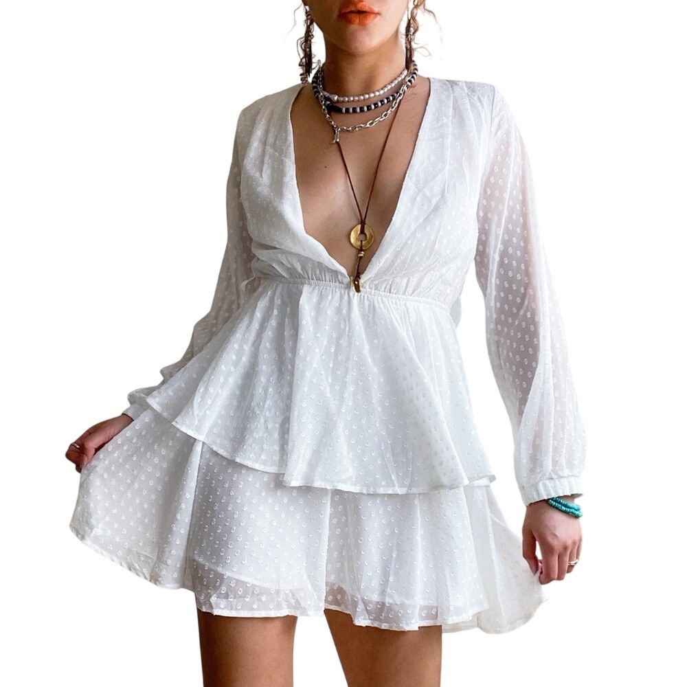Lioness NWT Ethereal Whimsy White Flowy Tulip Sheer Polka Dot Mini Dress